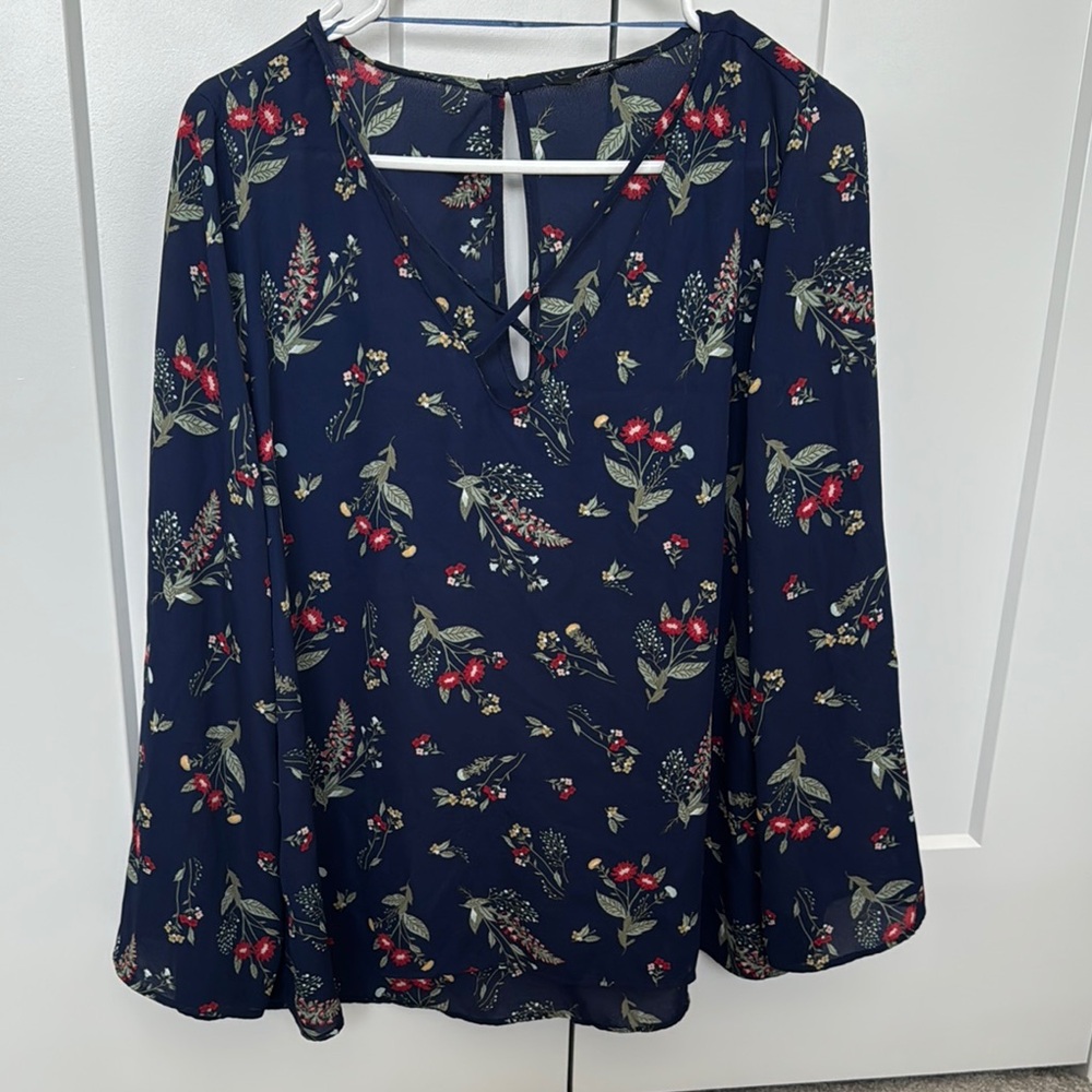 George Blue and Pink Bell Sleeve Blouse with Tie Front